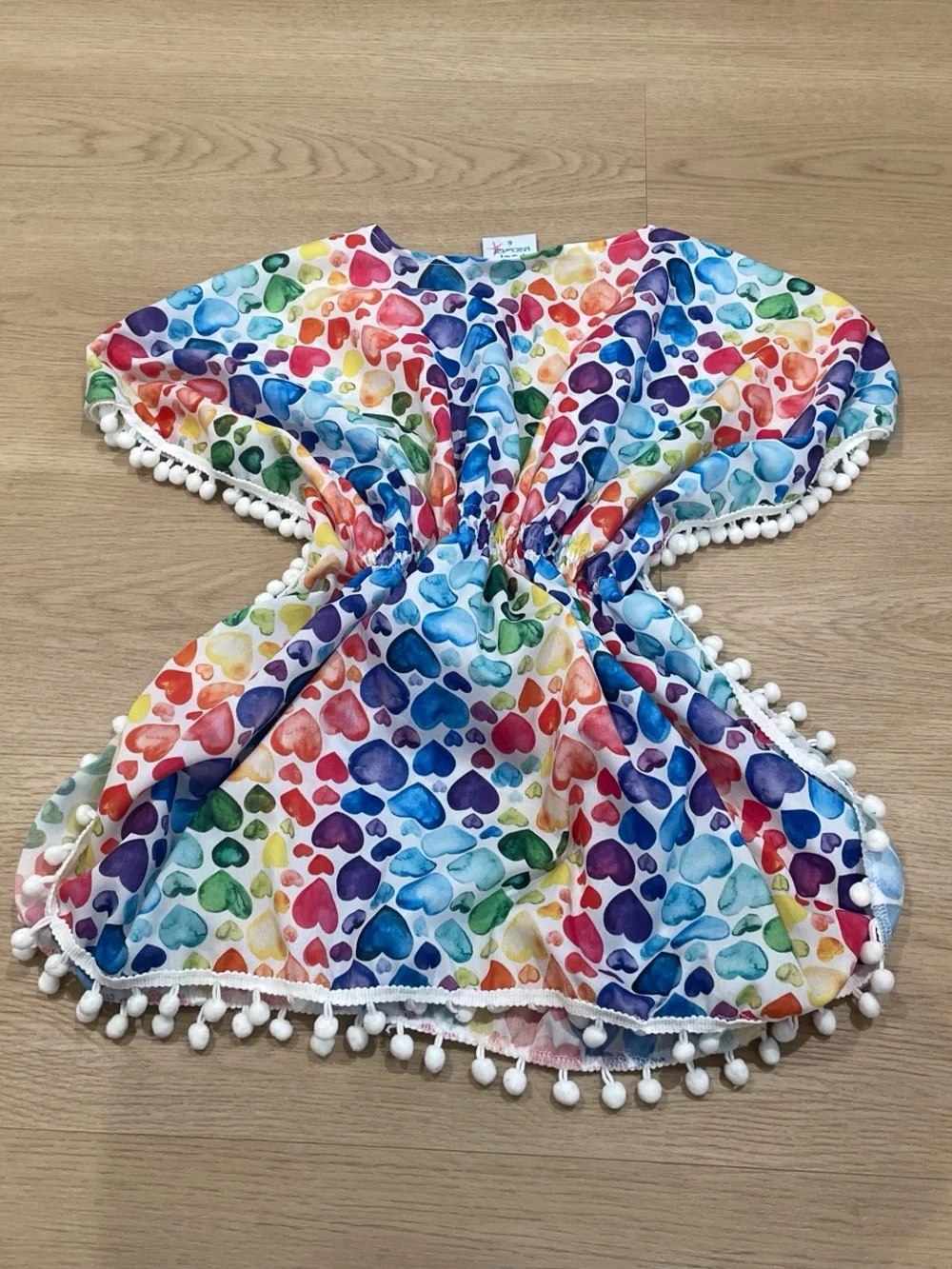 Kids Rainbow Heart Pom-Pom Swim Coverup - Multicolor